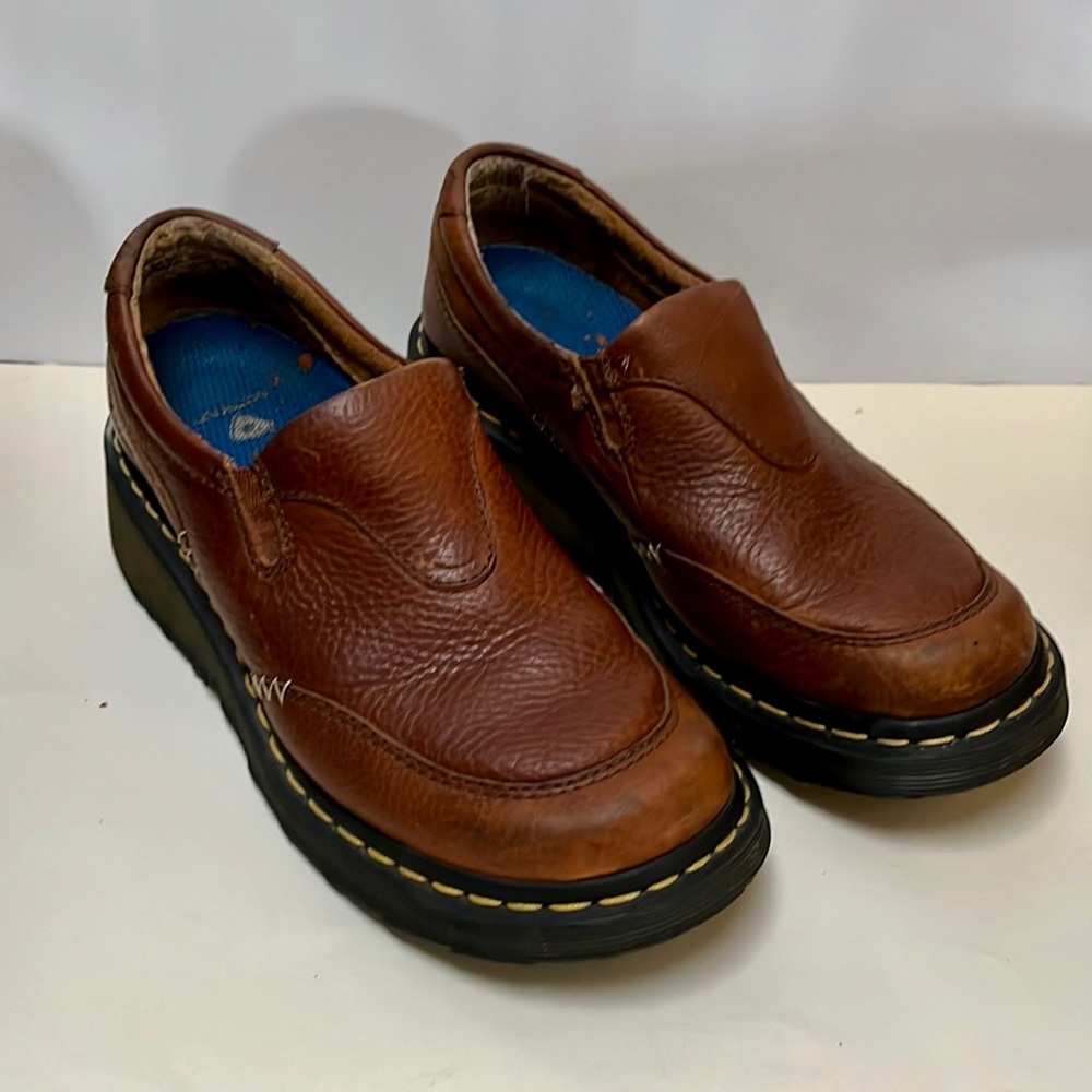 Vintage Dr. Martens Mens 7 Womens 8 Leather Wedge Heel
Loafers Shoes Brown 3B43